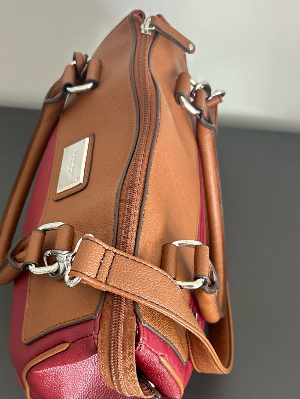 Tignanello Colorblock Leather Satchel Crossbody Brown Burgundy Pebbled Leather - Picture 6 of 14